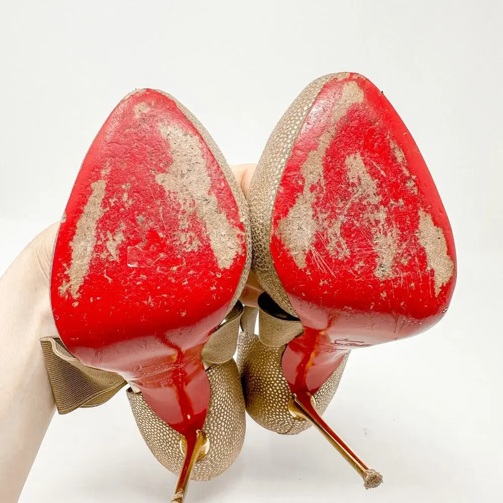 Christian Louboutin Gold Metallic Dotted Textured Big Dorcet Pump Heels EU 37